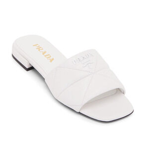 Prada White 55mm Quilted Nappa Leather Logo Slide Sandal Flat Sabots Mule 39